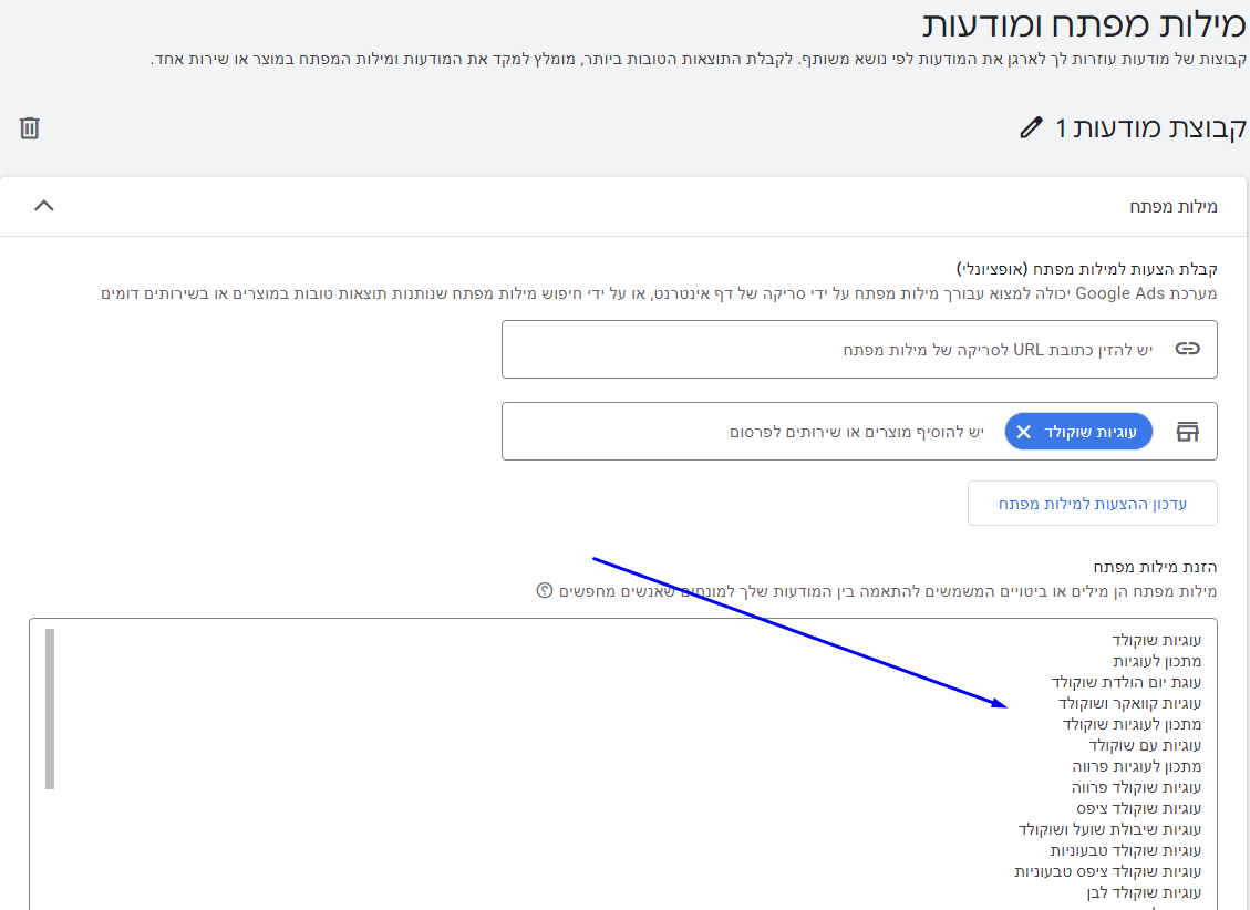 בעת הגדרת קבוצת מודעות תוכלו להזין שם של מוצר או שירות בשדה השני, וגוגל יוסיף לכם מגוון מילות מפתח שקשורות לשירות או למוצר בצורה אוטומטית.