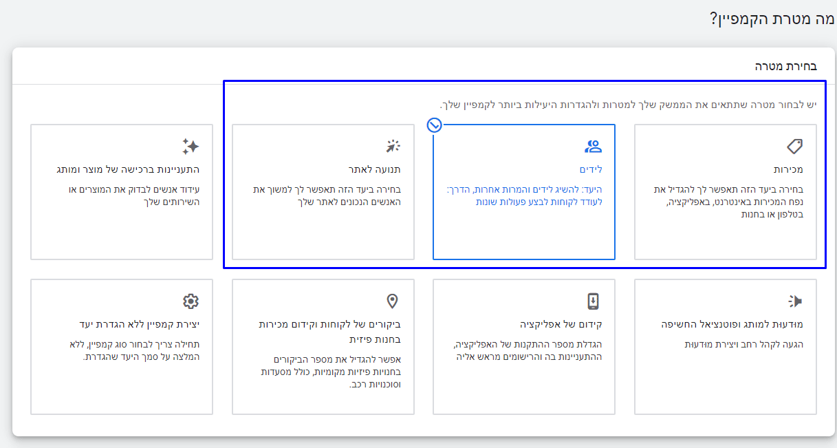 במסך הגדרת הקמפיין בחרו במטרת הקמפיין המבוקשת - בתמונה בחרנו את המטרה לידים, שמופיעה בשורה העליונה, השנייה ימין.

