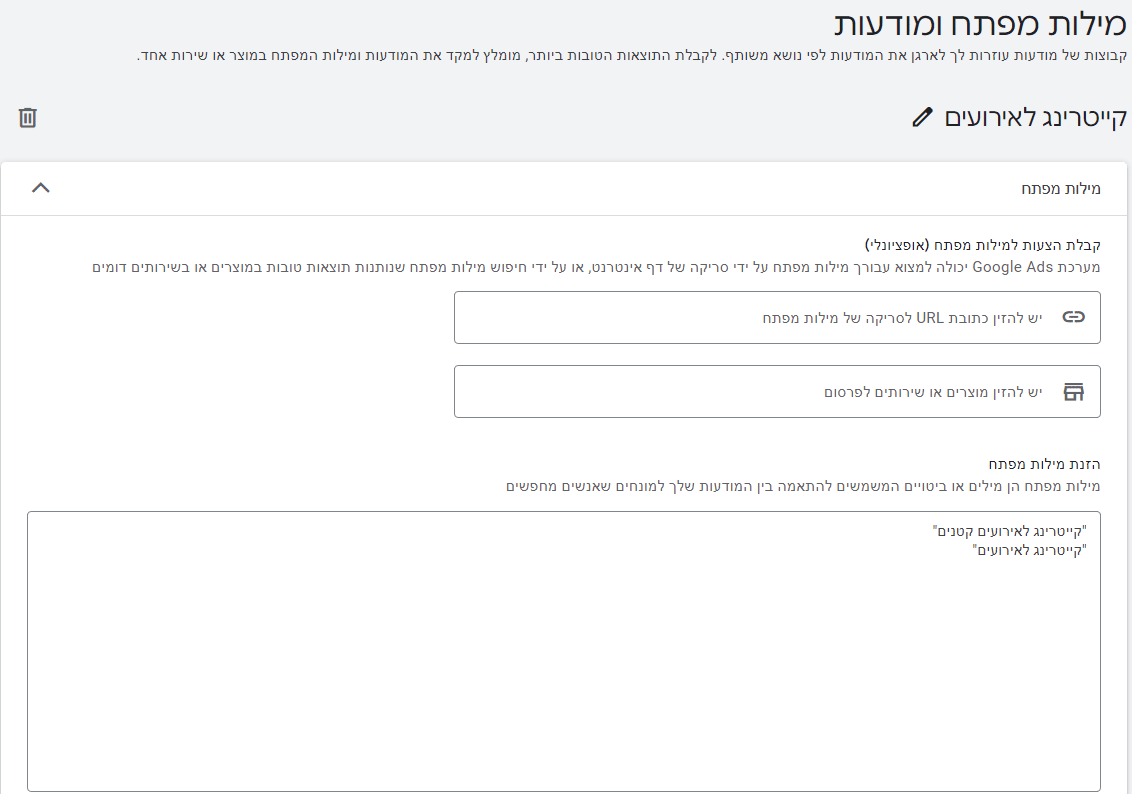 הגדירו את קבוצת המודעות שלכם - בחרו שם לקבוצת המודעות באמצעות לחיצה על סימון העפרון, ואז הכניסו את רשימת מילות המפתח עבור הקמפיין, כך שכל אחת מופיעה בשורה נפרדת.
