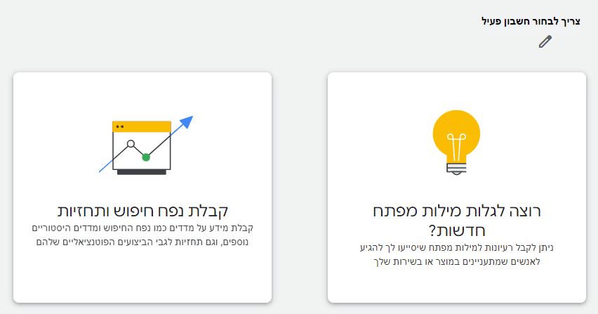 המסך הראשון שמקבלים אחרי שנכנסים לכלי לתכנון מילות המפתח ובו 2 אופציות אפשריות - לגלות מילות מפתח חדשות בצד ימין ובצד שמאל קבלת נפח חיפוש ותחזיות.