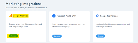 בחלון Marketing Integrations רואים את כלי גוגל אנליטיקס. לוחצים על Connect להתחברות לחשבון