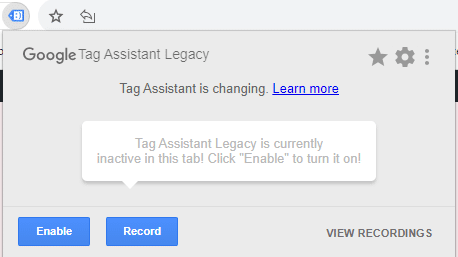 חלונית תוסף כרום Tag Assistant Legacy. בחירה בEnable