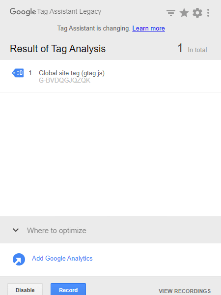 חלונית התוצאות של Tag Assistant Legacy במראה אם התג של גוגל אנליטיקס הוטמע כראוי. צבע התג כחול