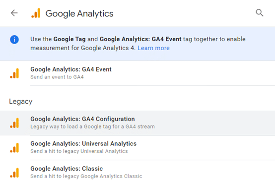 חלונית בחירת סוג התג במערכת תג מנג'ר. בחירת Google Analytics: GA 4 Configuration בסוג התג