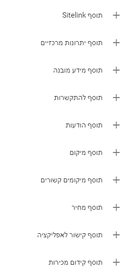 חלון בחירת תוספים לקמפיין גוגל אדס. רואים רשימה של כל סוגי התוספים (נכסים) שניתן להוסיף