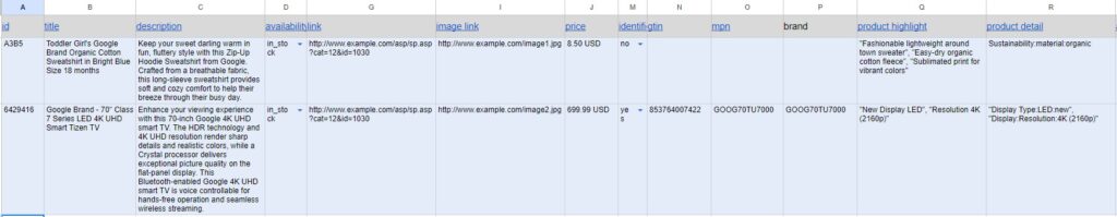 דוגמא טמפלט שלGoogle Sheets להעלאת מוצרים לגוגל מר'צנט סנטר