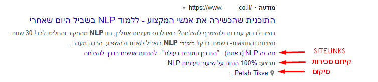 דוגמה למודעה בה רואים מספר תוספים: תוסף sitelinks, תוסף קידום מכירות, ותוסף מיקום.