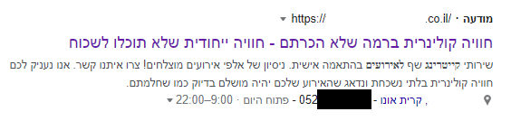 דוגמה למודעה עם תוסף שיחה בדסקטופ. הטלפון מופיע מתחת לתיאורי המודעה.