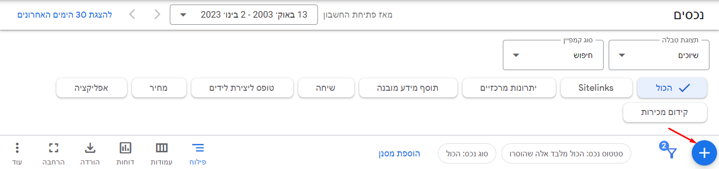 כדי ליצור נכס דיגיטלי, נווטו לקטגורית "נכסים" ולחצו על כפתור ה"+" הכחול.