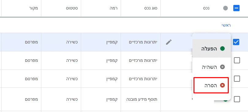 לחצו על העיגול הירוק/האפור ליד שם הנכס, ולחצו על "הסרה" כדי להסיר נכס דיגיטלי.
